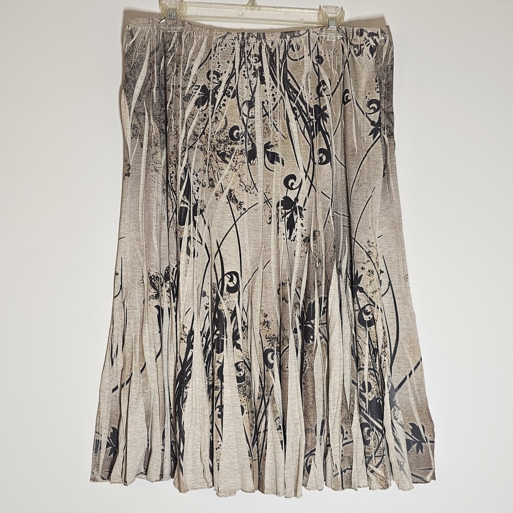 Coldwater Creek Skirt Womens Medium Tan Beige Black Pleated Floral Midi USA Y2K